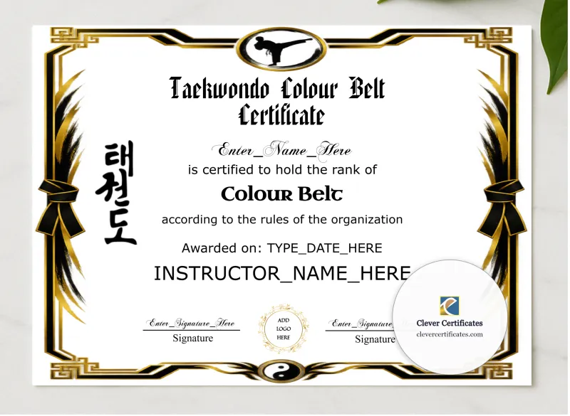Taekwondo Color Belt Certificate presented in a sleek wooden frame, elegantly arranged on a stylish table.