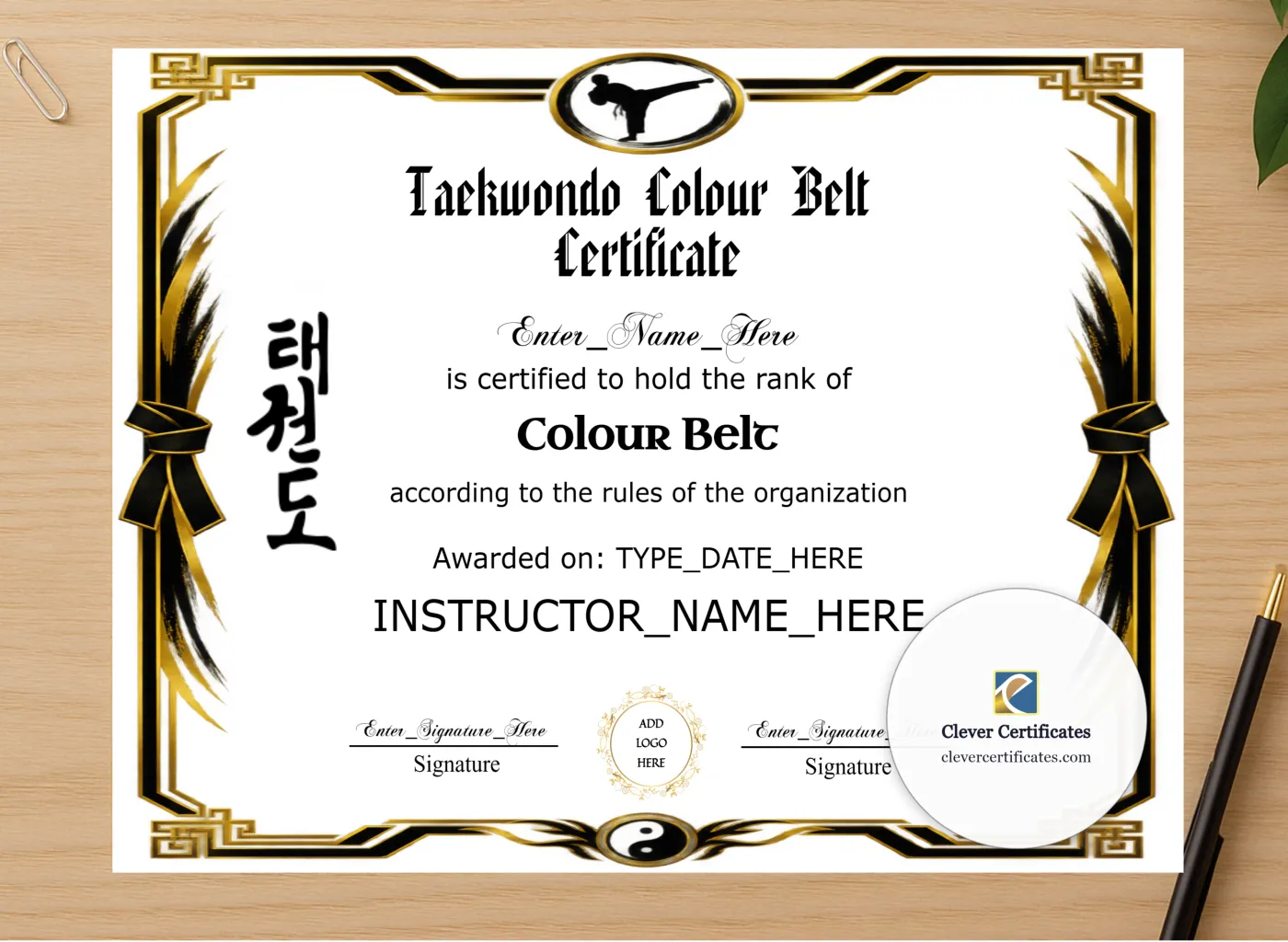 Professional preview of Taekwondo Color Belt Certificate certificate on high-quality stationery paper, ideal for showcasing the final look.