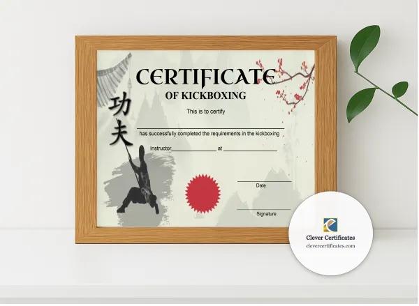 Realistic mockup featuring Kickboxing Grading Certificate displayed within a modern frame, set against a minimalistic background.
