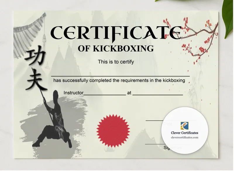 Kickboxing Grading Certificate presented in a sleek wooden frame, elegantly arranged on a stylish table.
