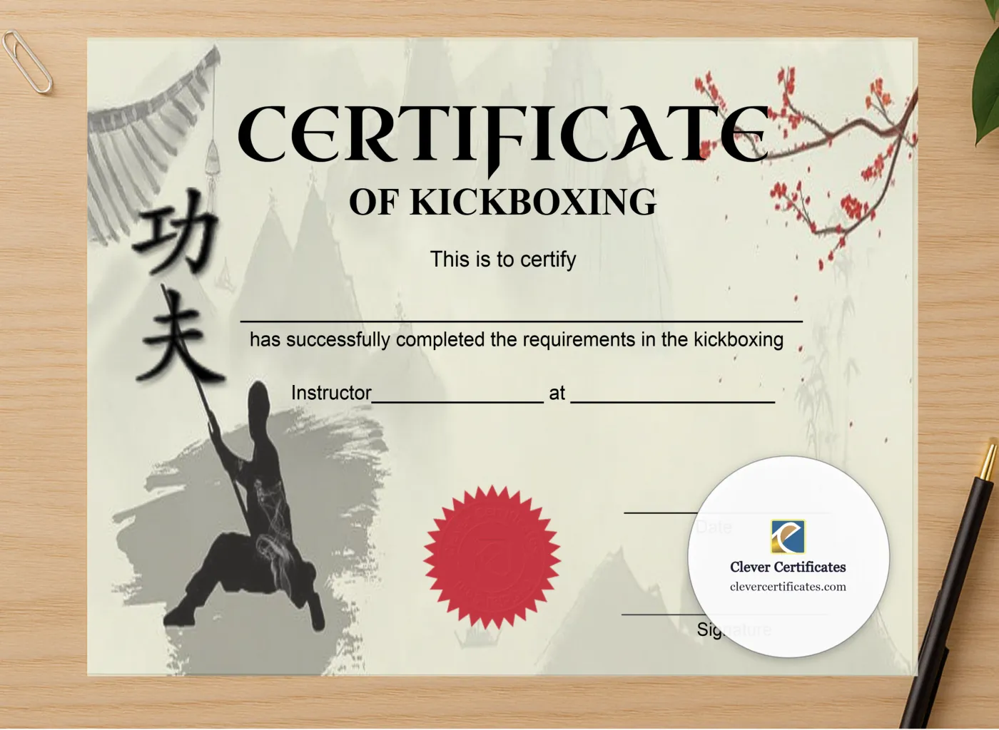 Professional preview of Kickboxing Grading Certificate certificate on high-quality stationery paper, ideal for showcasing the final look.