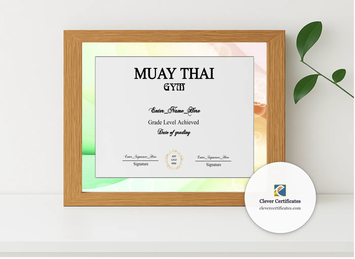 Realistic mockup featuring Muay Thai Grading Certificate displayed within a modern frame, set against a minimalistic background.