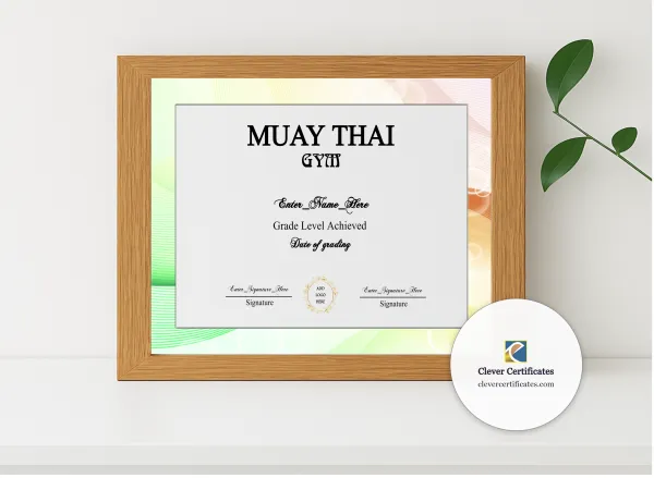 Realistic mockup featuring Muay Thai Grading Certificate displayed within a modern frame, set against a minimalistic background.