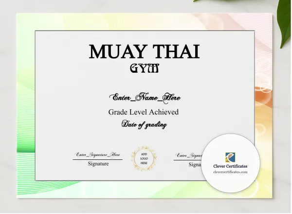Muay Thai Grading Certificate presented in a sleek wooden frame, elegantly arranged on a stylish table.