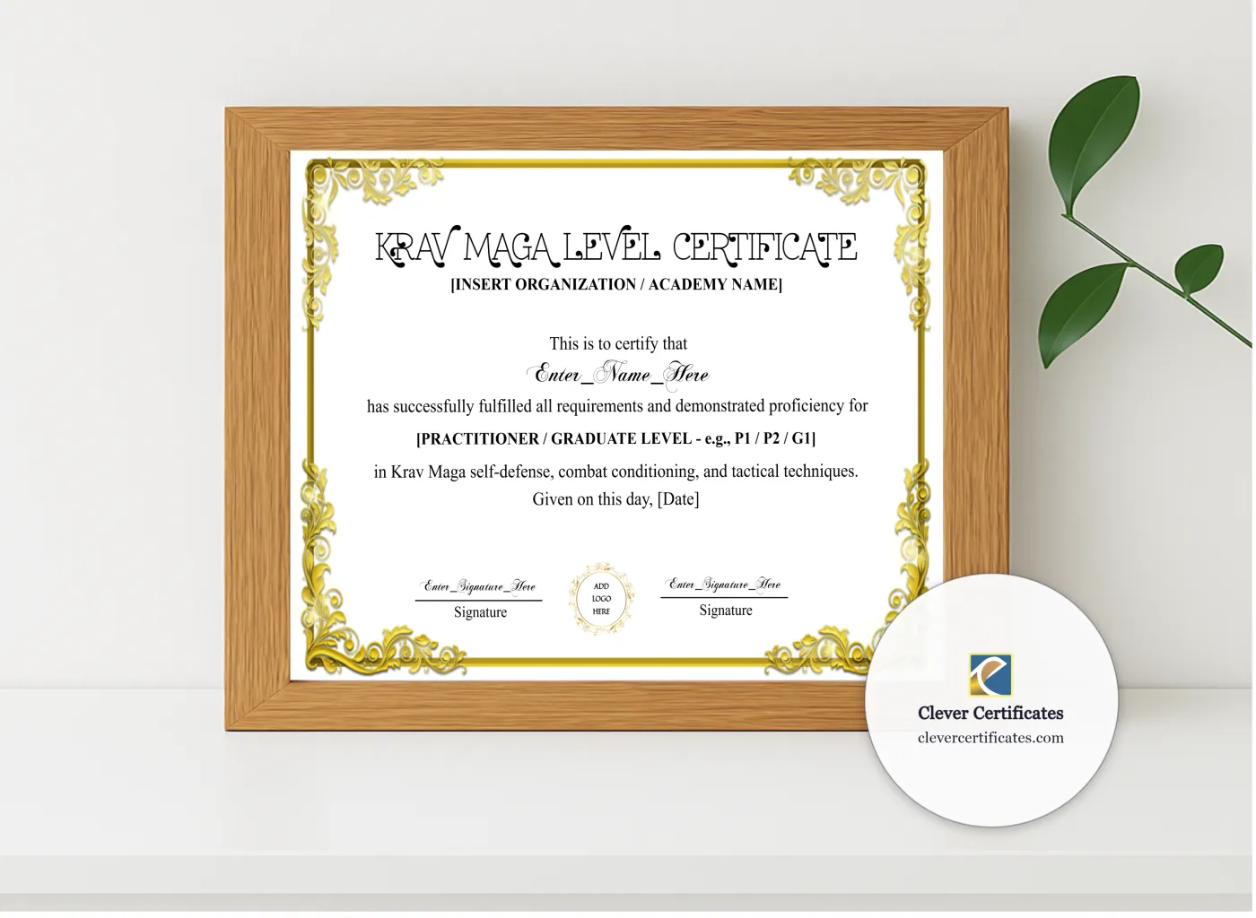 Realistic mockup featuring KRAV MAGA LEVEL CERTIFICATE displayed within a modern frame, set against a minimalistic background.