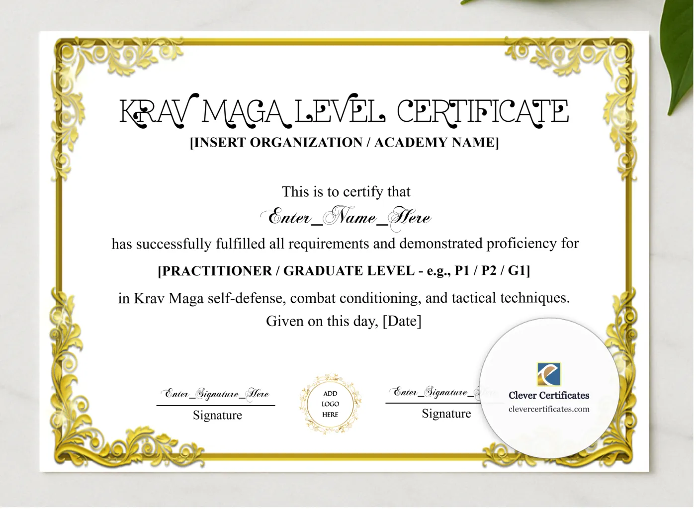 KRAV MAGA LEVEL CERTIFICATE presented in a sleek wooden frame, elegantly arranged on a stylish table.