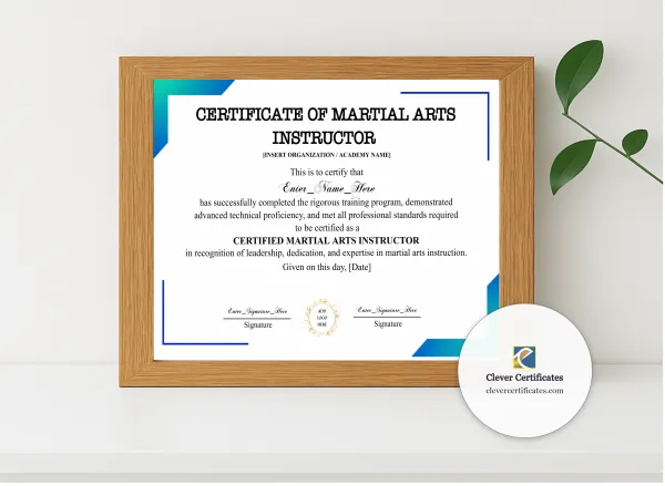 Realistic mockup featuring Martial Arts Instructor Certificate displayed within a modern frame, set against a minimalistic background.