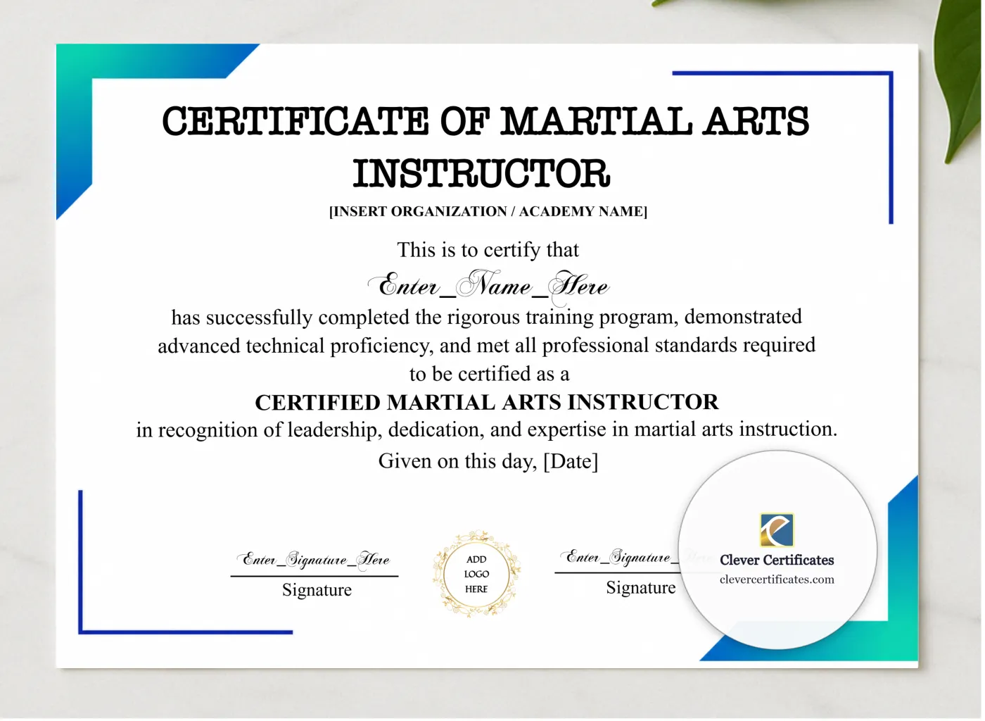 Martial Arts Instructor Certificate presented in a sleek wooden frame, elegantly arranged on a stylish table.