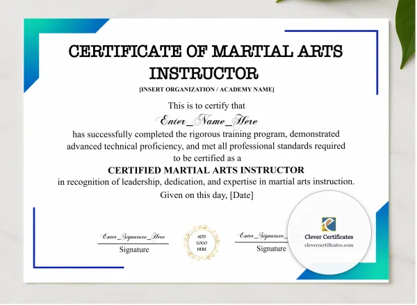 Martial Arts Instructor Certificate presented in a sleek wooden frame, elegantly arranged on a stylish table.