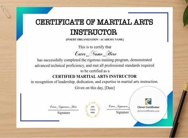 Professional preview of Martial Arts Instructor Certificate certificate on high-quality stationery paper, ideal for showcasing the final look.