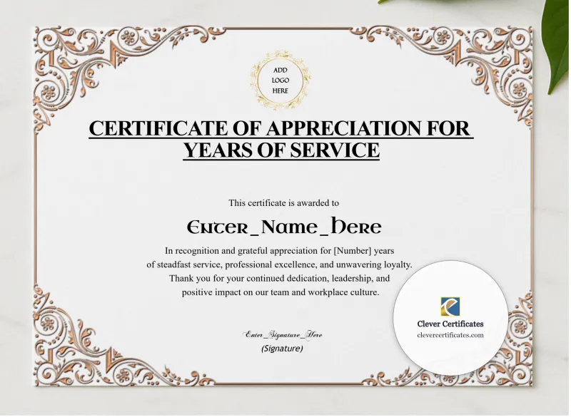 Work Anniversary Certificate presented in a sleek wooden frame, elegantly arranged on a stylish table.