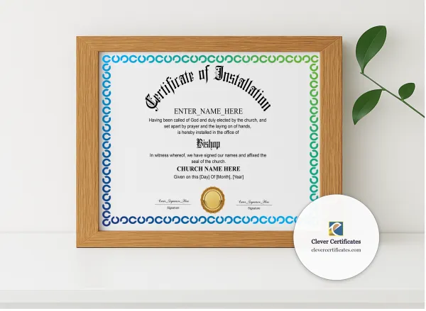 Realistic mockup featuring Bishop Installation Certificate displayed within a modern frame, set against a minimalistic background.