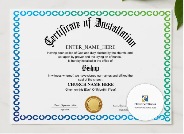 Bishop Installation Certificate presented in a sleek wooden frame, elegantly arranged on a stylish table.