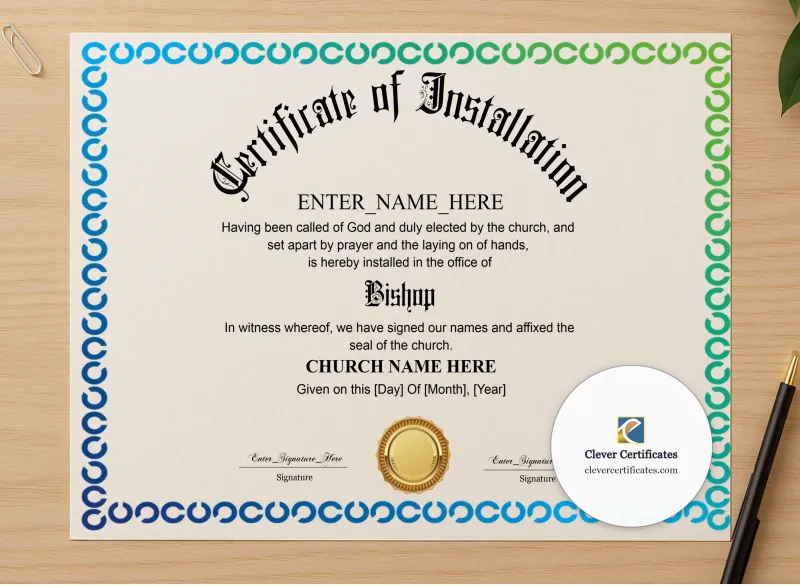 Professional preview of Bishop Installation Certificate certificate on high-quality stationery paper, ideal for showcasing the final look.