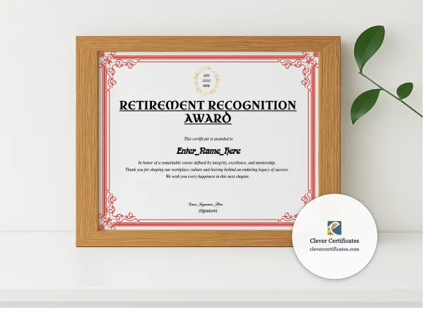 Realistic mockup featuring Retirement Certificate Of Appreciation displayed within a modern frame, set against a minimalistic background.