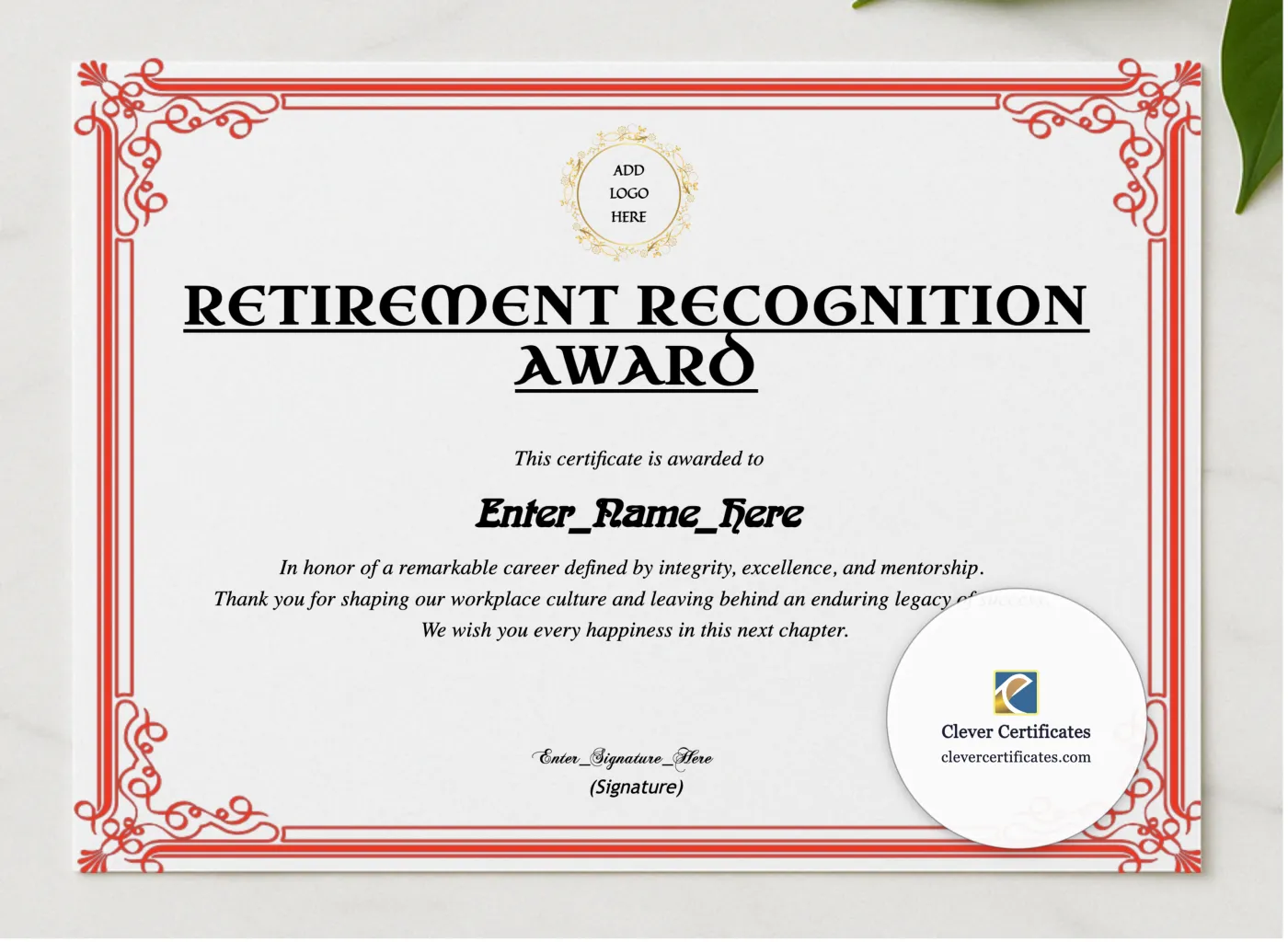 Retirement Certificate Of Appreciation presented in a sleek wooden frame, elegantly arranged on a stylish table.