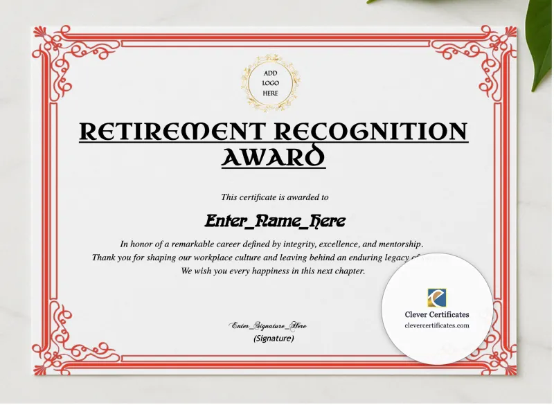 Retirement Certificate Of Appreciation presented in a sleek wooden frame, elegantly arranged on a stylish table.