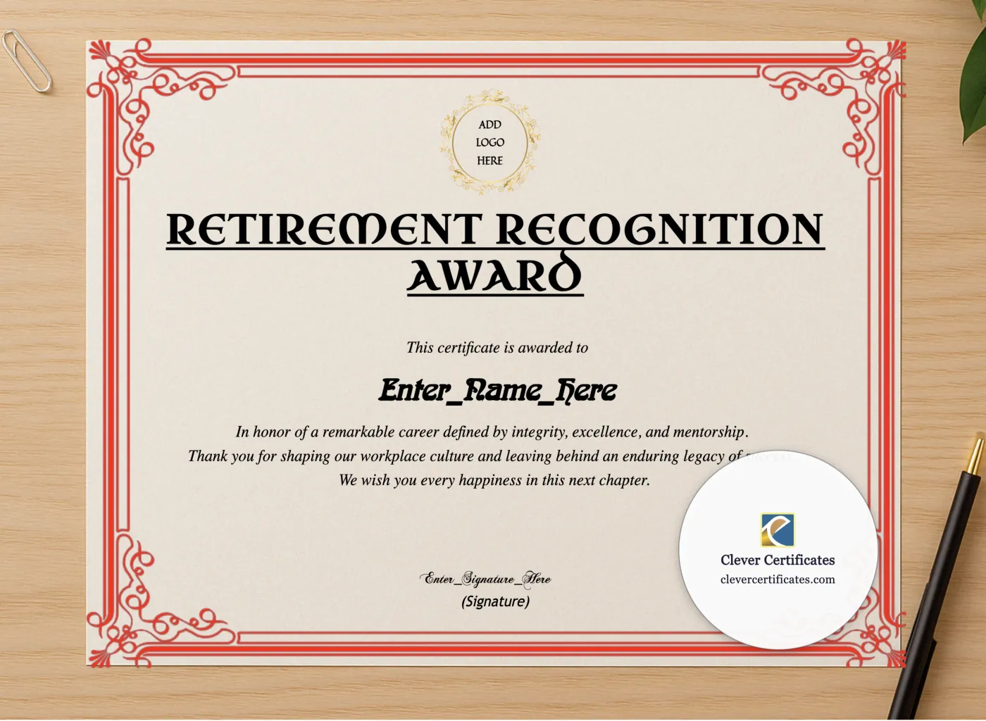 Professional preview of Retirement Certificate Of Appreciation certificate on high-quality stationery paper, ideal for showcasing the final look.
