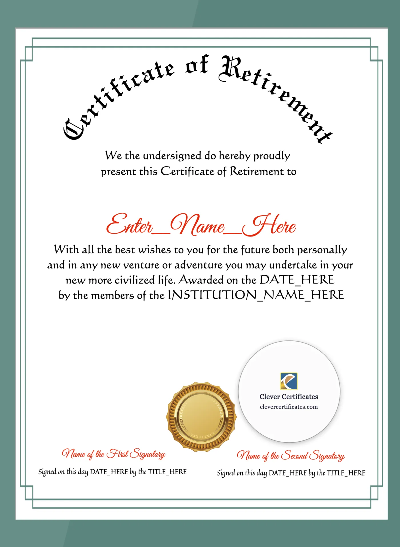 Retirement Certificate Portrait — Certificate Template Preview