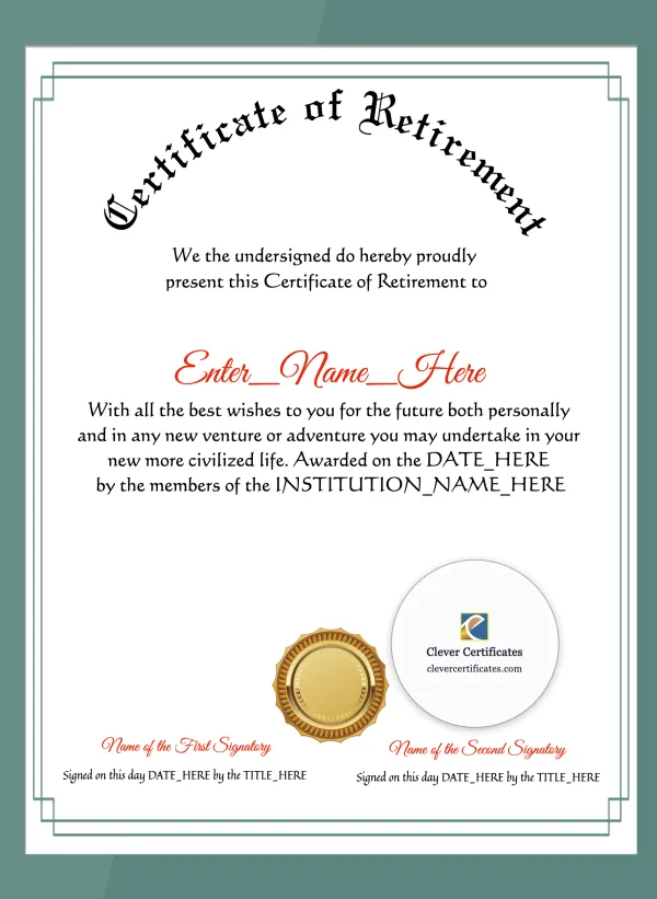 Retirement Certificate Portrait — Certificate Template Preview