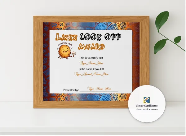 Realistic mockup featuring Latke Cook Off Winner Certificate displayed within a modern frame, set against a minimalistic background.