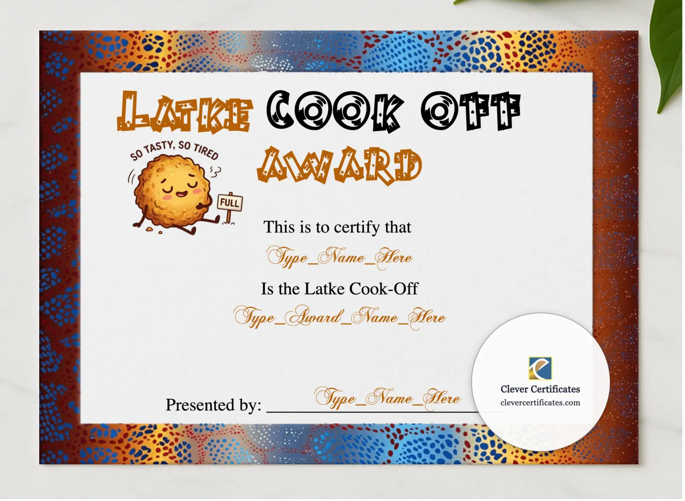 Latke Cook Off Winner Certificate presented in a sleek wooden frame, elegantly arranged on a stylish table.