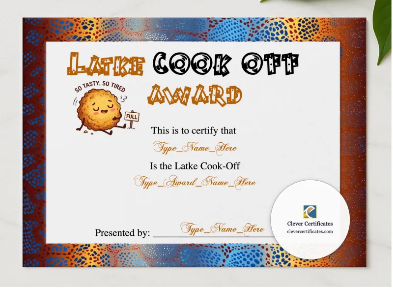 Latke Cook Off Winner Certificate presented in a sleek wooden frame, elegantly arranged on a stylish table.