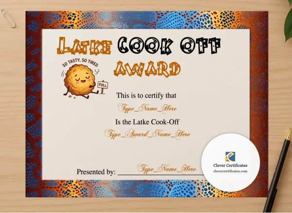 Professional preview of Latke Cook Off Winner Certificate certificate on high-quality stationery paper, ideal for showcasing the final look.