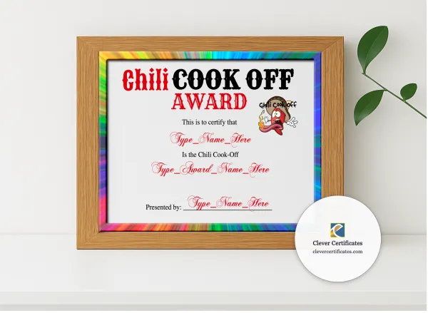 Realistic mockup featuring Chili Cook Off Winner Certificate displayed within a modern frame, set against a minimalistic background.