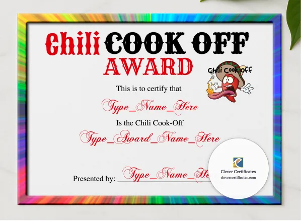 Chili Cook Off Winner Certificate presented in a sleek wooden frame, elegantly arranged on a stylish table.