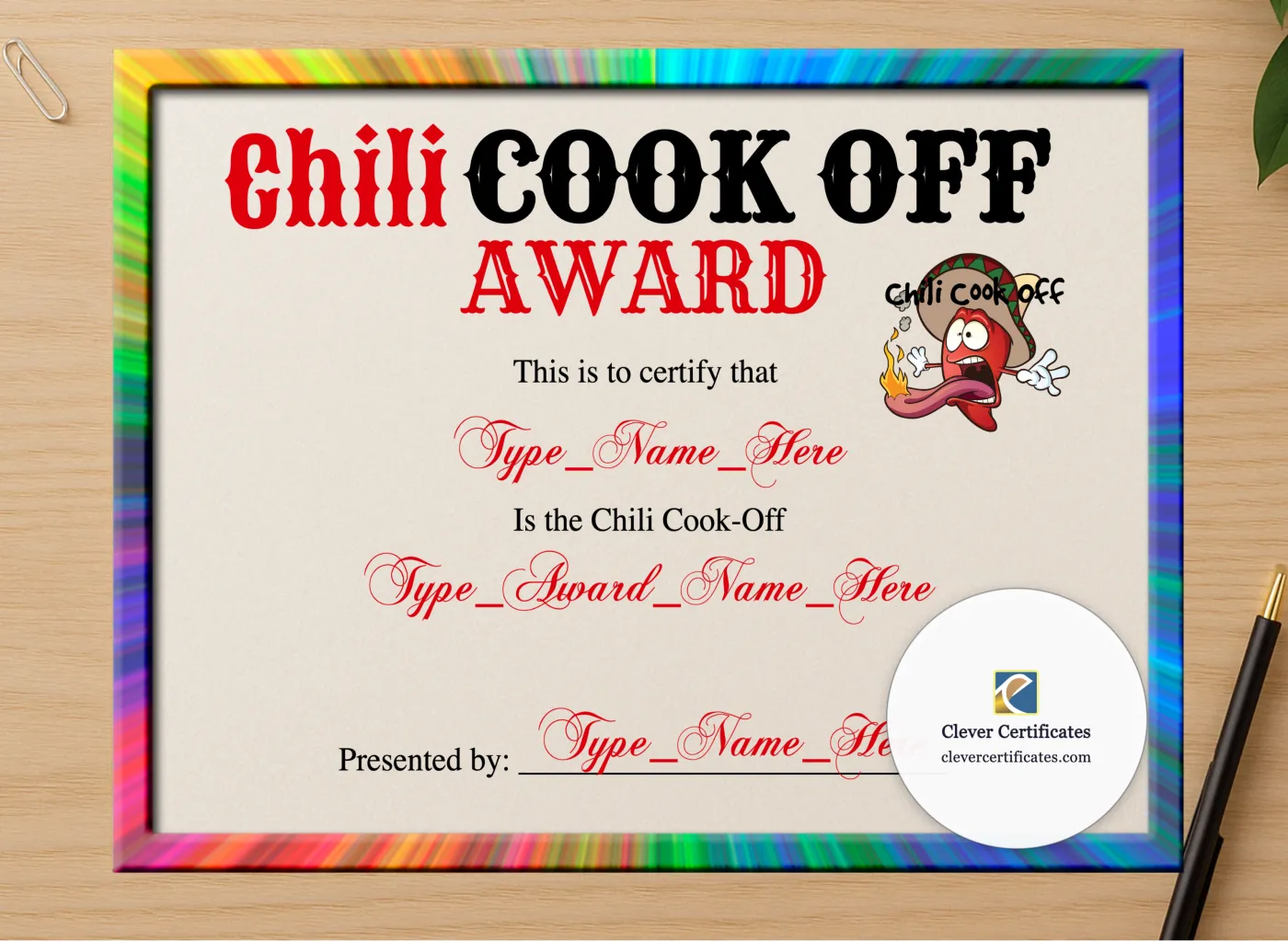 Professional preview of Chili Cook Off Winner Certificate certificate on high-quality stationery paper, ideal for showcasing the final look.