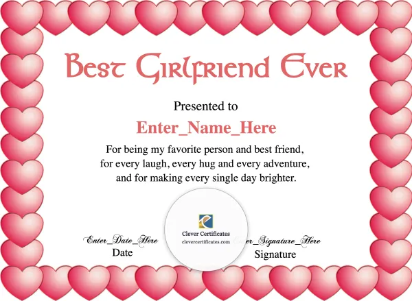 Free Best Girlfriend Ever Certificate — Landscape