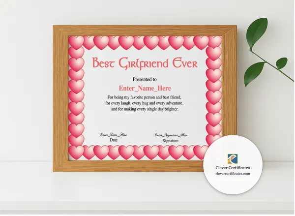 Realistic mockup featuring Best Girlfriend Award Certificate displayed within a modern frame, set against a minimalistic background.