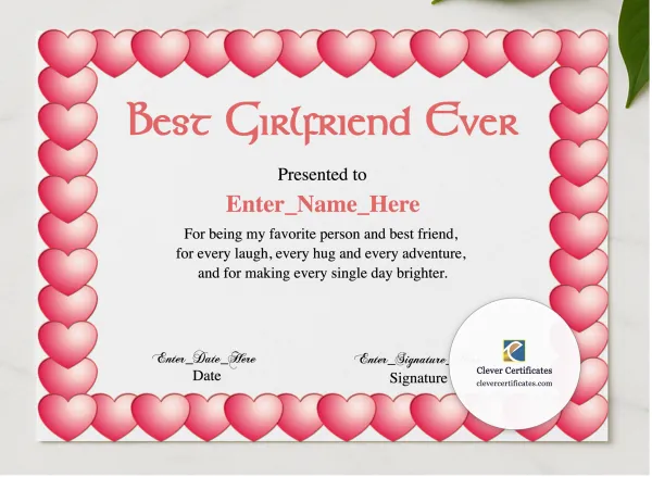 Best Girlfriend Award Certificate presented in a sleek wooden frame, elegantly arranged on a stylish table.