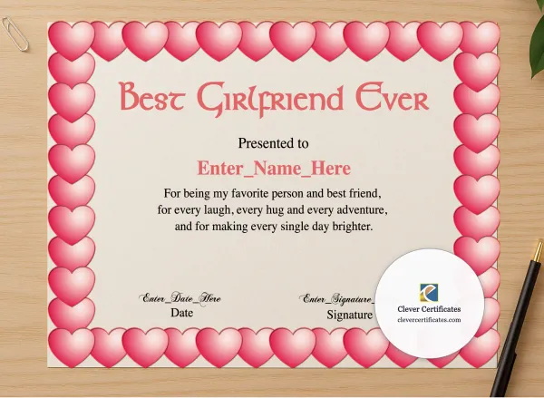 Professional preview of Best Girlfriend Award Certificate certificate on high-quality stationery paper, ideal for showcasing the final look.