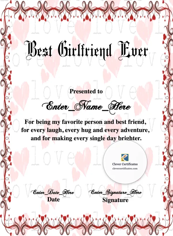 Best Girlfriend Award Certificate Portrait — Certificate Template Preview