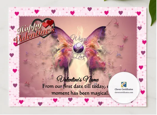 Valentines Day Love Certificate presented in a sleek wooden frame, elegantly arranged on a stylish table.