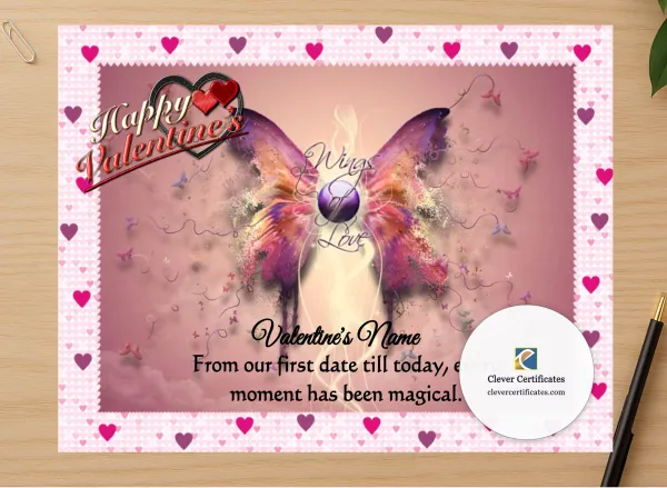 Professional preview of Valentines Day Love Certificate certificate on high-quality stationery paper, ideal for showcasing the final look.