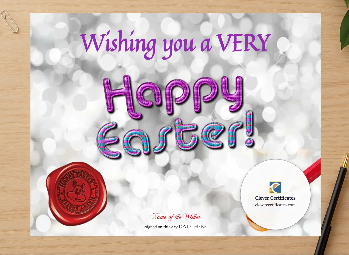 Professional preview of Very Happy Easter certificate on high-quality stationery paper, ideal for showcasing the final look.