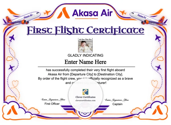 Free Akasa Air Baby First Flight Certificate — Landscape