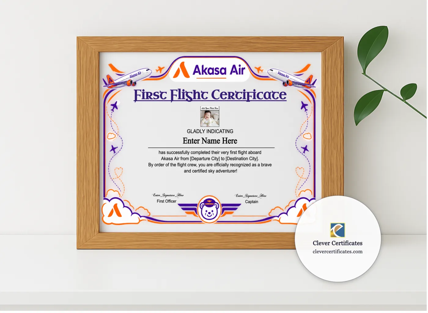 Realistic mockup featuring Akasa Air Baby First Flight Certificate Landscape displayed within a modern frame, set against a minimalistic background.