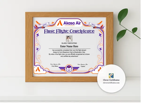 Realistic mockup featuring Akasa Air Baby First Flight Certificate Landscape displayed within a modern frame, set against a minimalistic background.