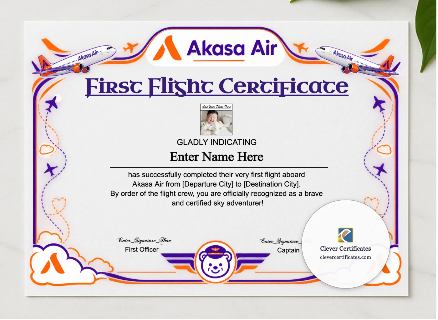 Akasa Air Baby First Flight Certificate Landscape presented in a sleek wooden frame, elegantly arranged on a stylish table.