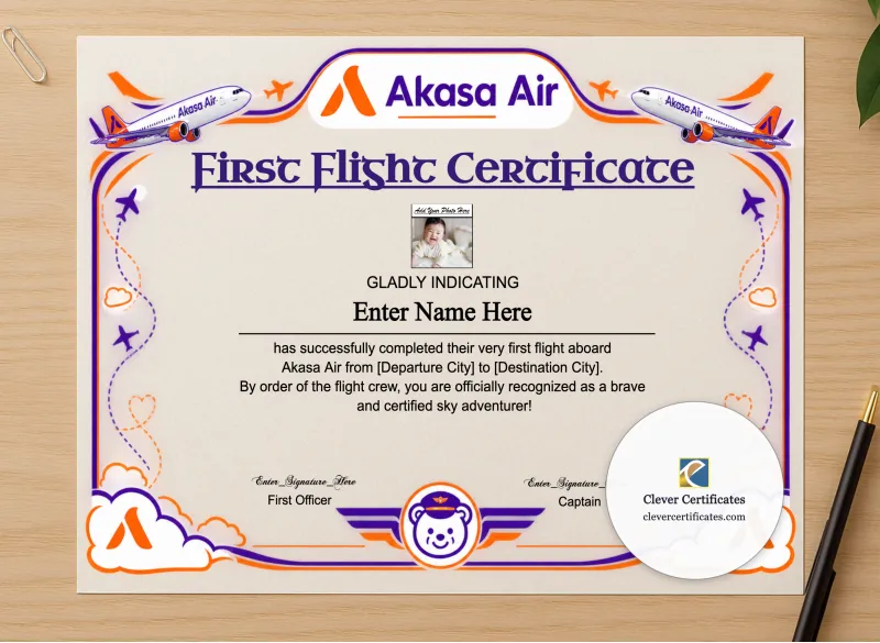 Professional preview of Akasa Air Baby First Flight Certificate Landscape certificate on high-quality stationery paper, ideal for showcasing the final look.
