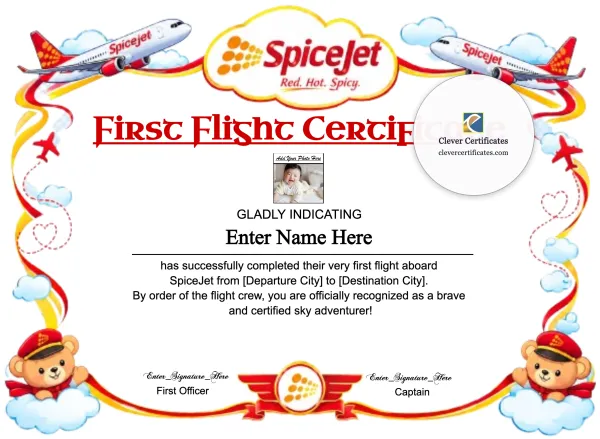 Free SpiceJet Baby First Flight Certificate — Landscape