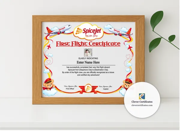Realistic mockup featuring SpiceJet Baby First Flight Certificate Landscape displayed within a modern frame, set against a minimalistic background.