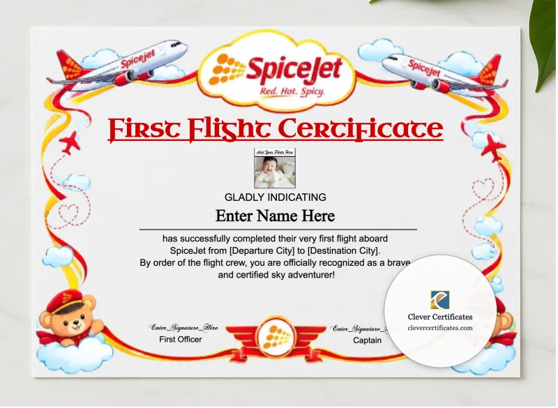 SpiceJet Baby First Flight Certificate Landscape presented in a sleek wooden frame, elegantly arranged on a stylish table.