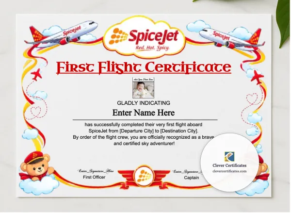SpiceJet Baby First Flight Certificate Landscape presented in a sleek wooden frame, elegantly arranged on a stylish table.