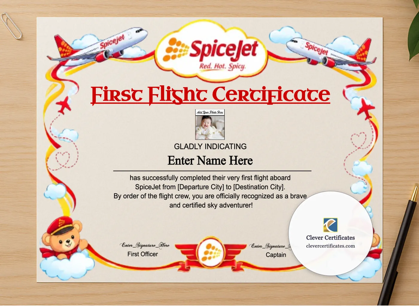 Professional preview of SpiceJet Baby First Flight Certificate Landscape certificate on high-quality stationery paper, ideal for showcasing the final look.