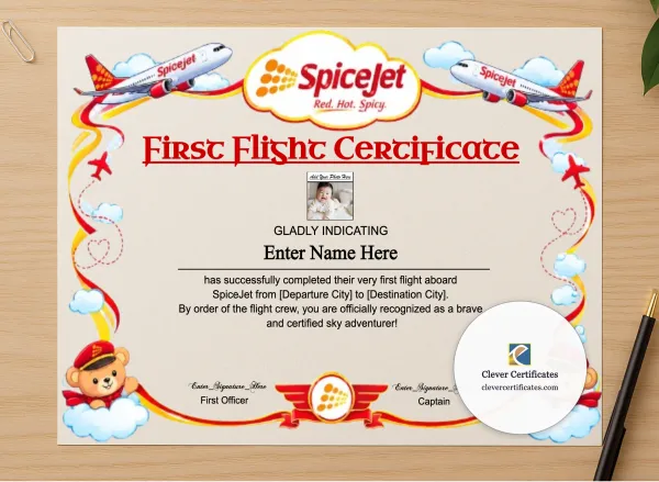 Professional preview of SpiceJet Baby First Flight Certificate Landscape certificate on high-quality stationery paper, ideal for showcasing the final look.